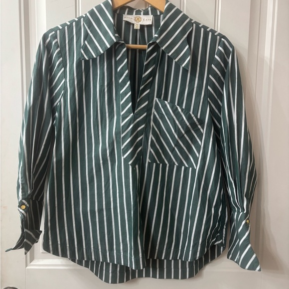 Anna Cate Lewis Top Green and White Striped Blouse - Picture 4 of 10